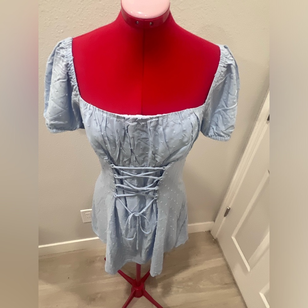 Light Blue Puff Sleeve Tie-Front Summer Dress - Picture 5 of 16